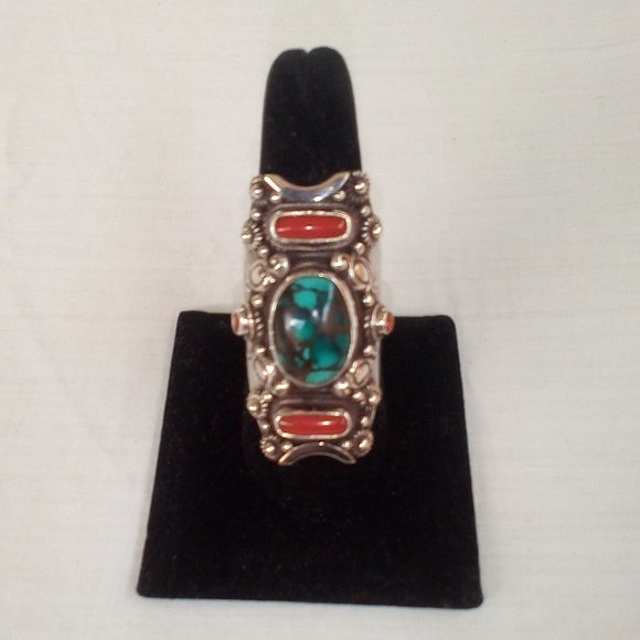 Sterling Silver Turquoise and Red Coral Ring: Size (10). Unisex. New - Picture 8 of 12